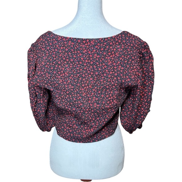 ZARA Red Floral Cropped Peasant Top Puff Sleeve Sweetheart Neck Blouse Large - Picture 4 of 8